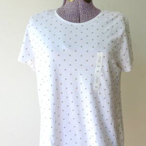 NWT - Croft & Barrow White/Tan Polka Dot SS Cotton Tee - Size XL
